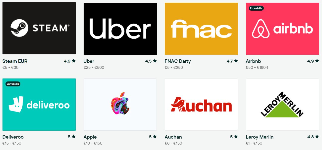 Exemple de quelques services disponibles sur la plateforme Bitrefill.com