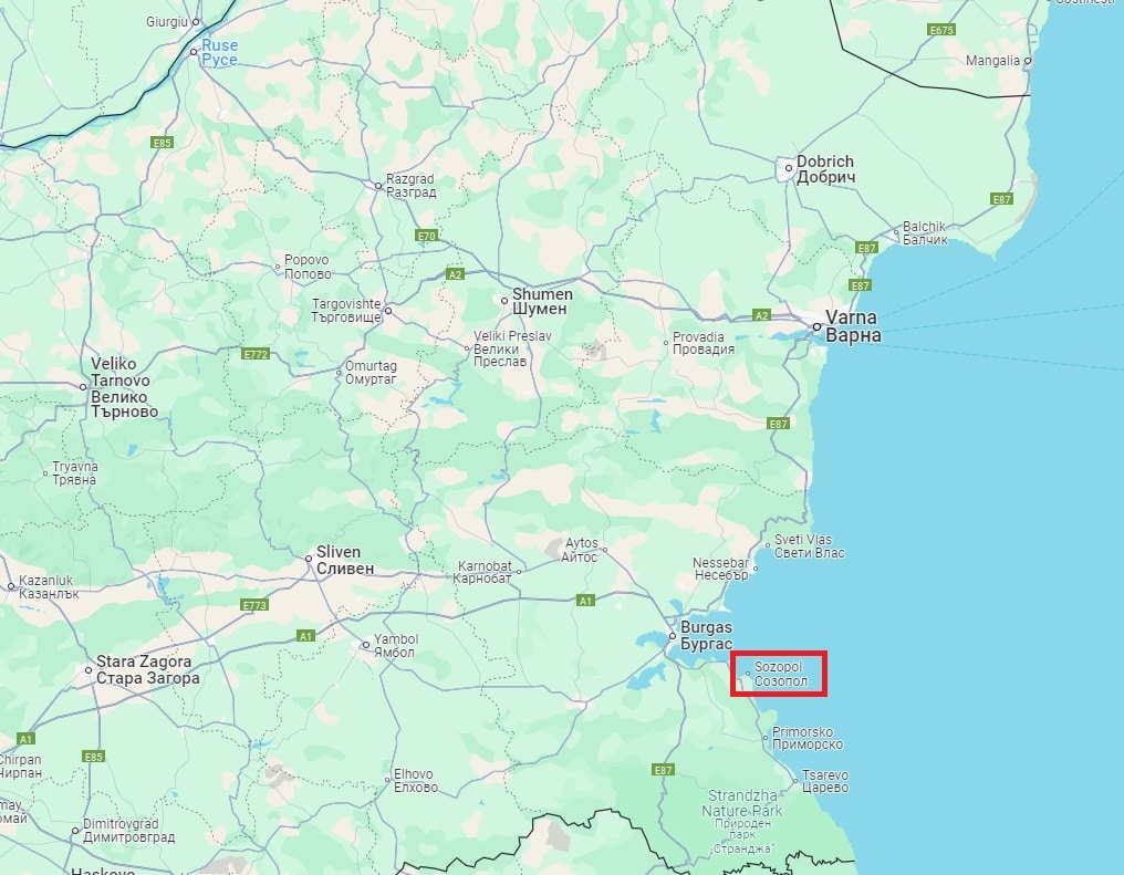 Position de la ville de Sozopol - Source : Google Maps
