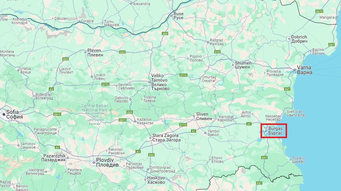 Position de Bourgas en Bulgarie - Source : Google Maps