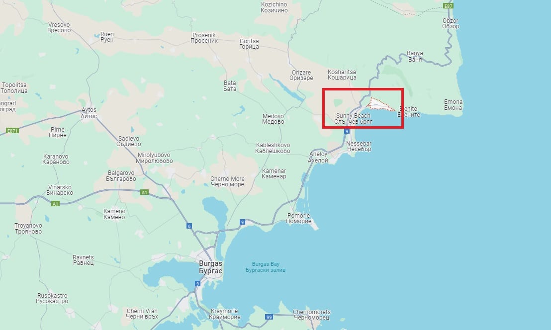 Position de la station balnéaire de Sunny Beach en Bulgarie - Source : Google Maps