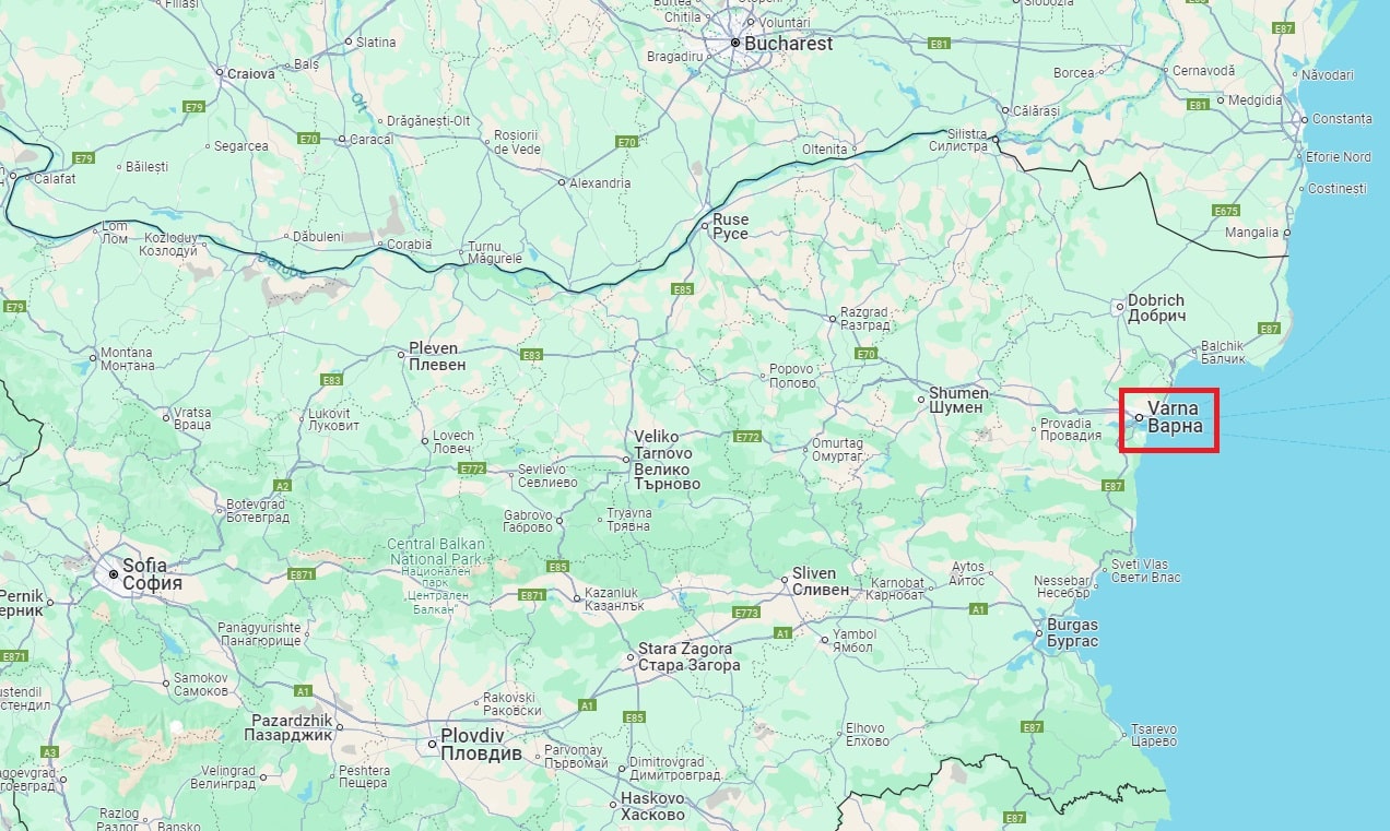 Position de la ville de Varna en Bulgarie - Source : Google Maps