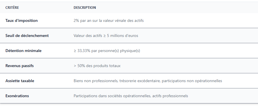 Tableau récapitulatif : Caractéristiques de la taxe holdings 2026 Tableau récapitulatif : Caractéristiques de la taxe holdings 2026