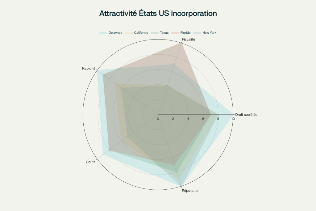Comparaison multicritères des États américains : Delaware et Texas en tête pour l'incorporation Comparaison multicritères des États américains : Delaware et Texas en tête pour l'incorporation