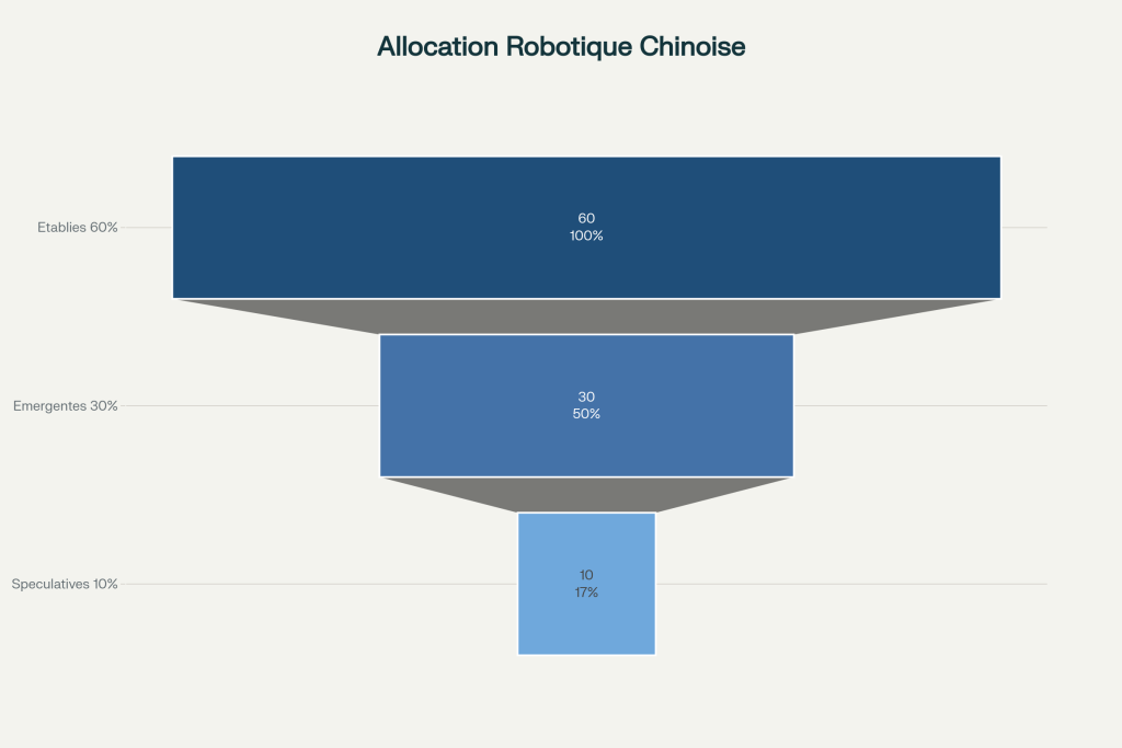 Allocation stratégique recommandée avec trois niveaux - base stable (entreprises établies 60%), croissance (émergentes 30%), innovation (spéculatif 10%), et répartition géographique par ville/région. Allocation stratégique recommandée avec trois niveaux - base stable (entreprises établies 60%), croissance (émergentes 30%), innovation (spéculatif 10%), et répartition géographique par ville/région.