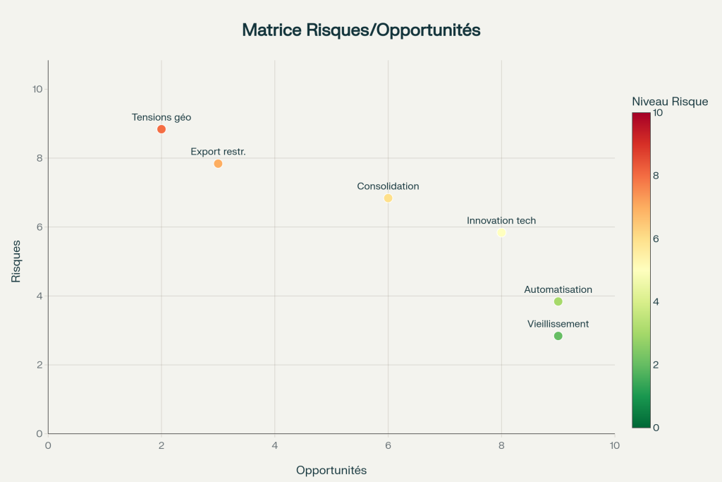 Cartographie des risques (axe vertical) et opportunités (axe horizontal) avec positionnement des différents facteurs et stratégies d'atténuation/maximisation. Cartographie des risques (axe vertical) et opportunités (axe horizontal) avec positionnement des différents facteurs et stratégies d'atténuation/maximisation.
