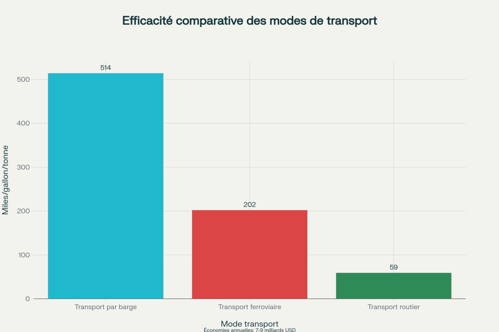 Efficacité comparative des modes de transport - distance transportée par gallon de carburant pour 1 tonne Efficacité comparative des modes de transport - distance transportée par gallon de carburant pour 1 tonne