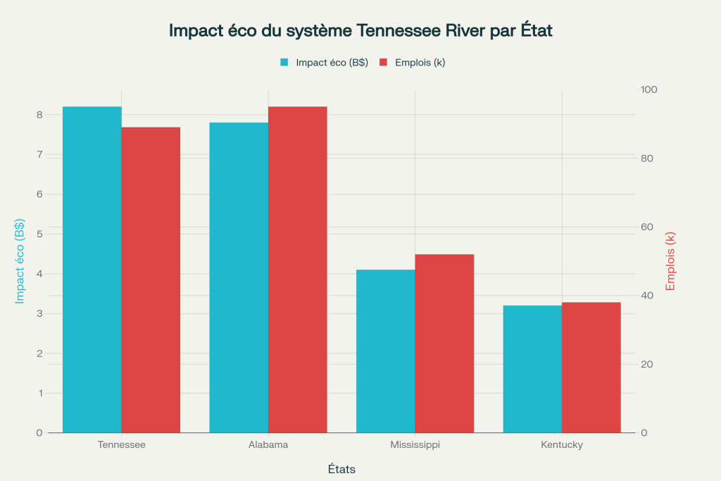 Impact économique du système Tennessee River par État (milliards USD et milliers d'emplois) Impact économique du système Tennessee River par État (milliards USD et milliers d'emplois)