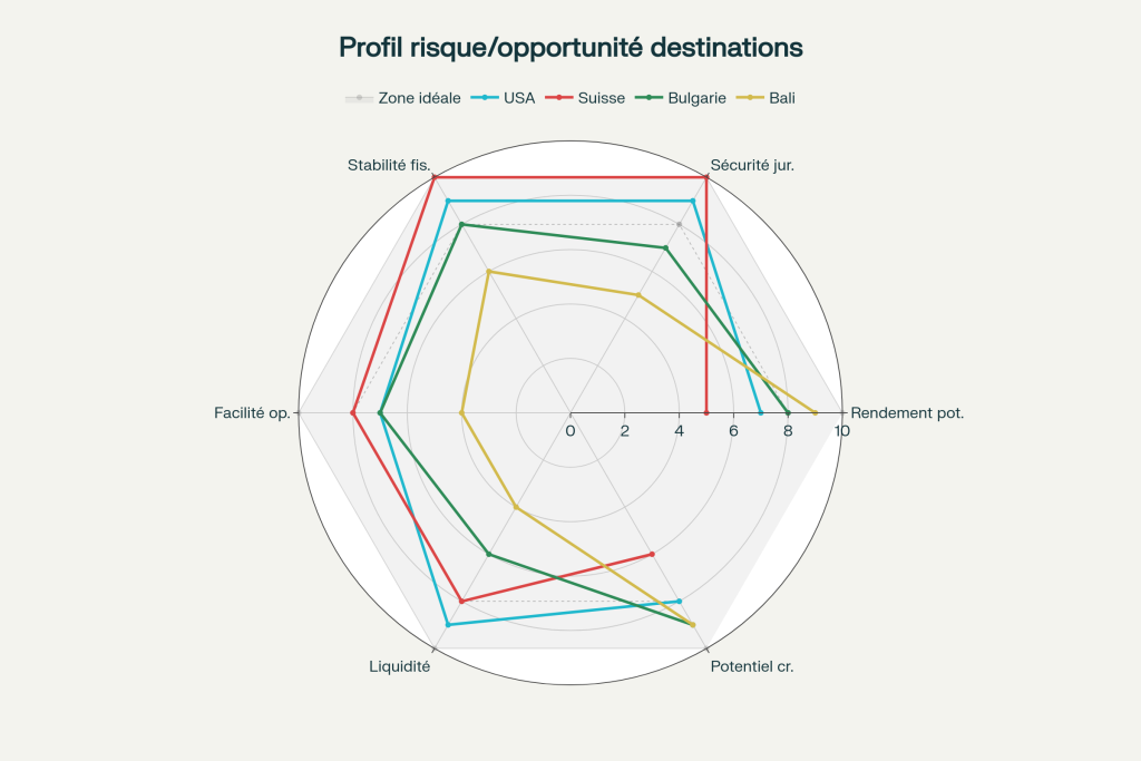 Profil risque/opportunité : USA et Suisse équilibrés, Bulgarie bon compromis, Bali haut rendement/haut risque Profil risque/opportunité : USA et Suisse équilibrés, Bulgarie bon compromis, Bali haut rendement/haut risque