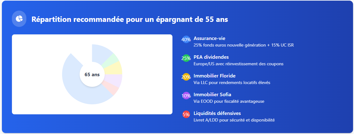 Répartition recommandée pour les épargnants de 55 ans Répartition recommandée pour les épargnants de 55 ans