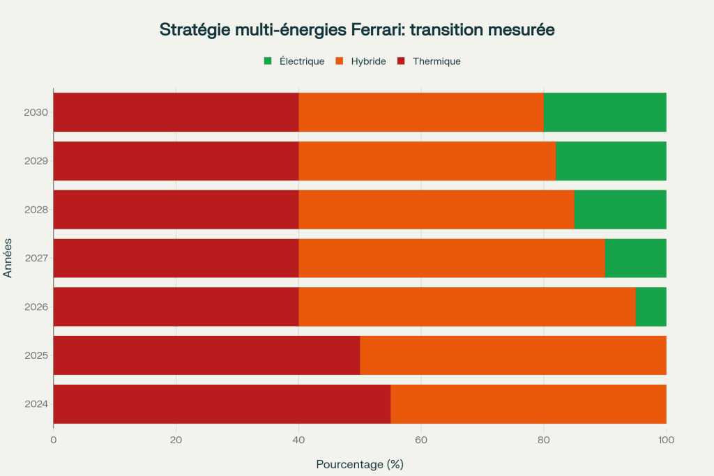 Graphique 9 - Évolution du mix énergétique Ferrari 2024-2030 : 20% électrique pur en 2030 Graphique 9 - Évolution du mix énergétique Ferrari 2024-2030 : 20% électrique pur en 2030