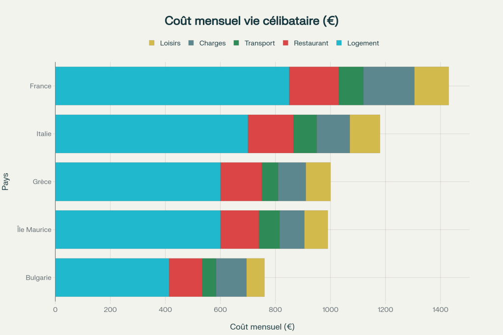Diagramme en barres empilées illustrant les coûts principaux (logement hors grandes villes (prévoir +50% sur le logement ou acheter sa résidence principale), alimentation, transport, loisirs, charges) en France vs Grèce. Diagramme en barres empilées illustrant les coûts principaux (logement hors grandes villes (prévoir +50% sur le logement ou acheter sa résidence principale), alimentation, transport, loisirs, charges) en France vs Grèce.