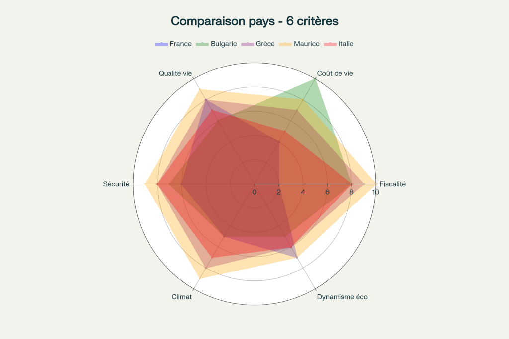 Spider chart illustrant les différences de coût de vie et fiscalité sur 6 axes. Spider chart illustrant les différences de coût de vie et fiscalité sur 6 axes.