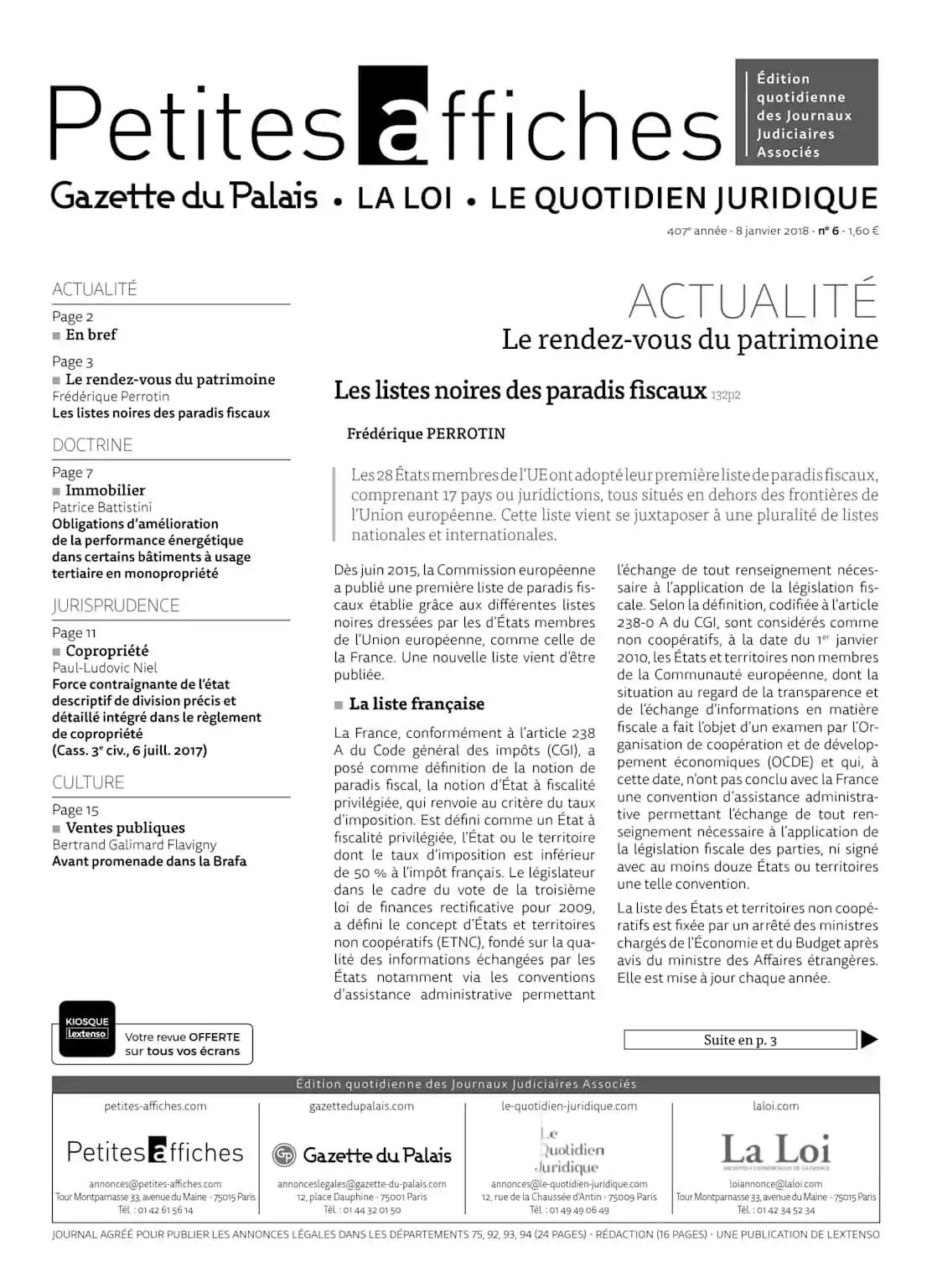 An article from a legal journal detailing the European Union and French blacklists of tax havens and their criteria
