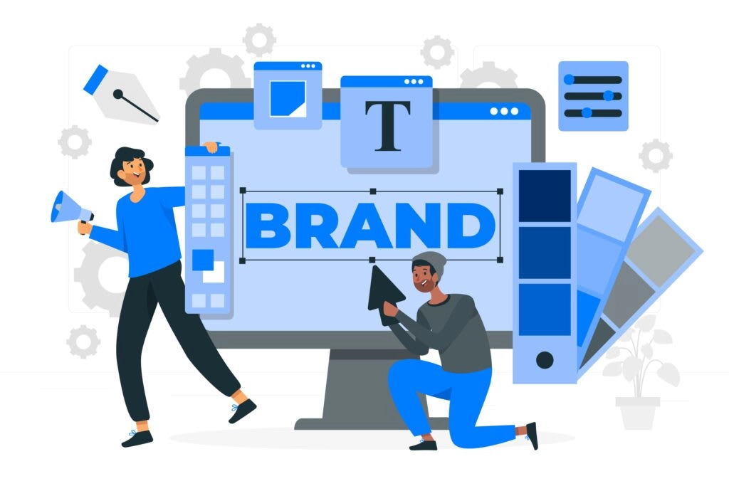 Illustration of two people working on building and managing a brand’s image on a large computer screen