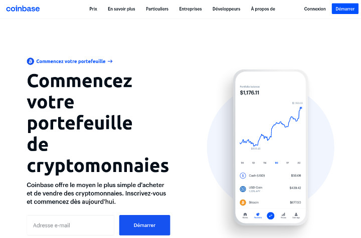Page d'accueil de Coinbase / screenshot mai 2021