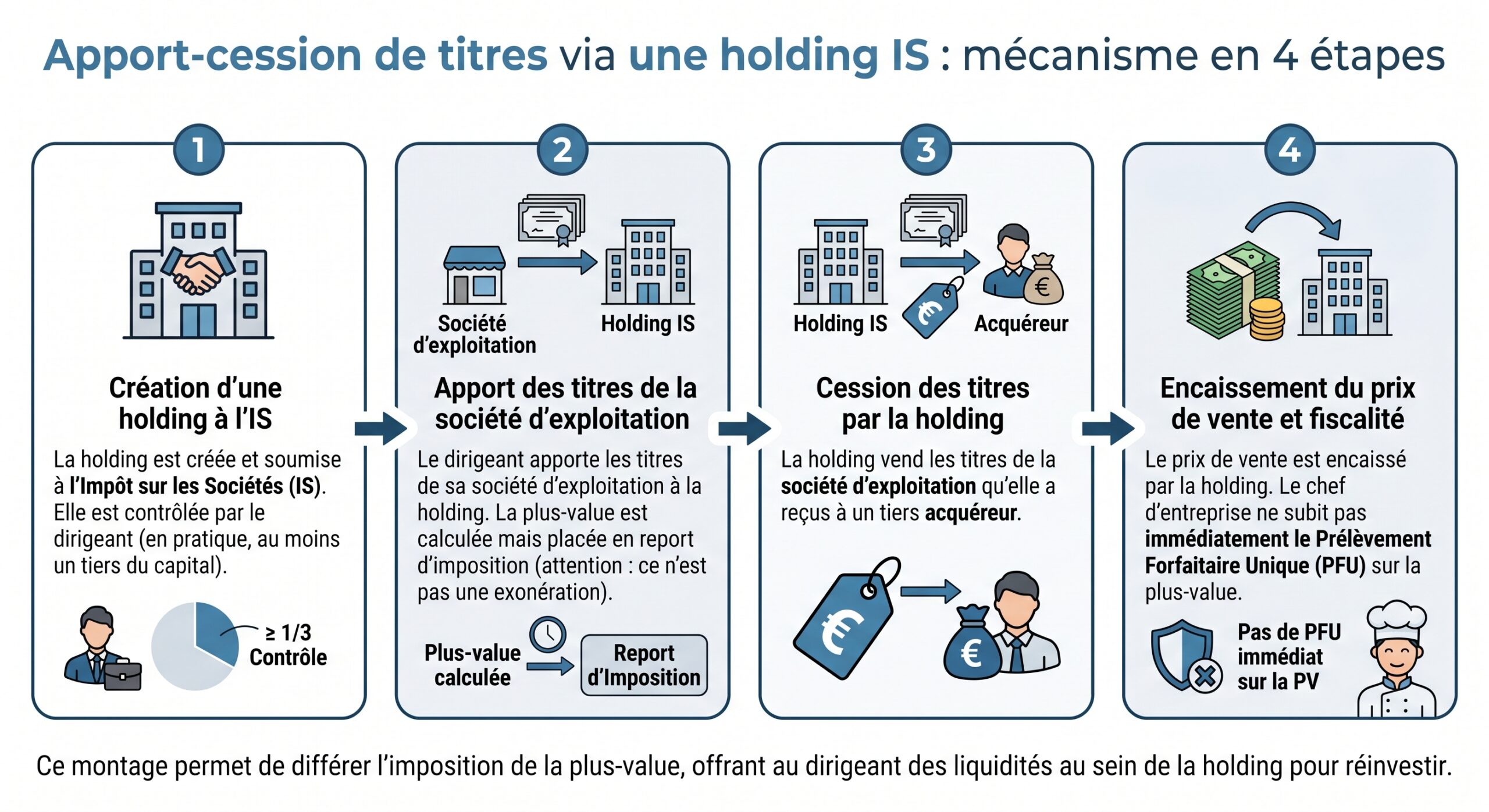 Apport-cession de titres via une holding IS : mécanisme en 4 étapes