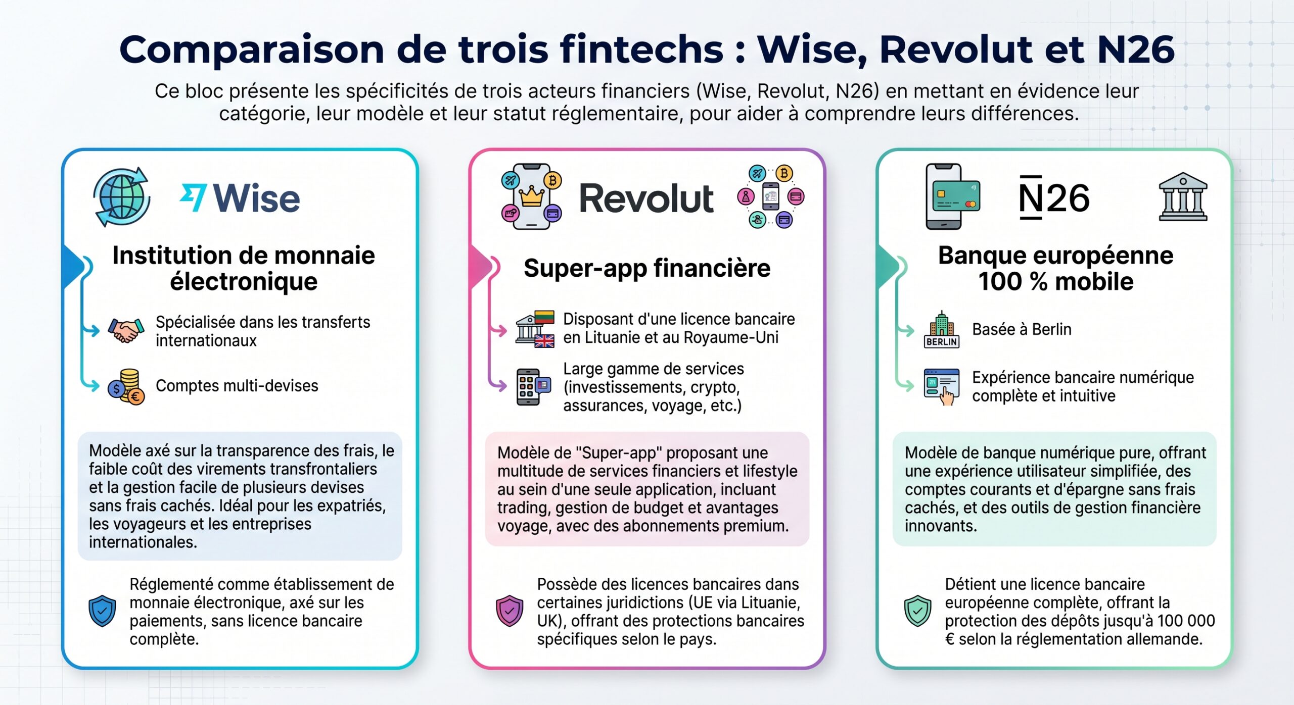 Comparaison de trois fintechs : Wise, Revolut et N26