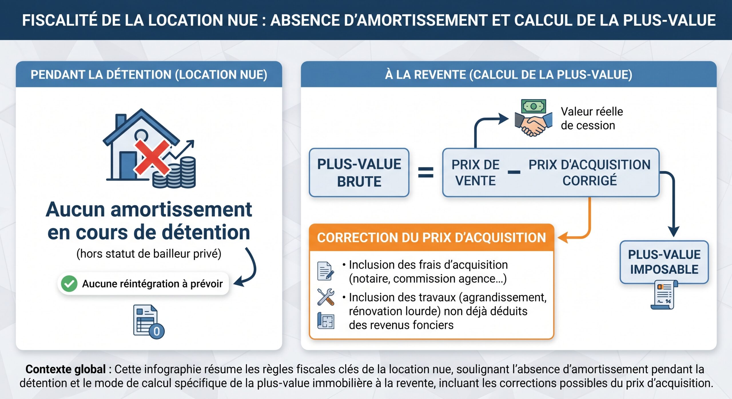 Fiscalité de la location nue : absence d'amortissement et calcul de la plus‑value