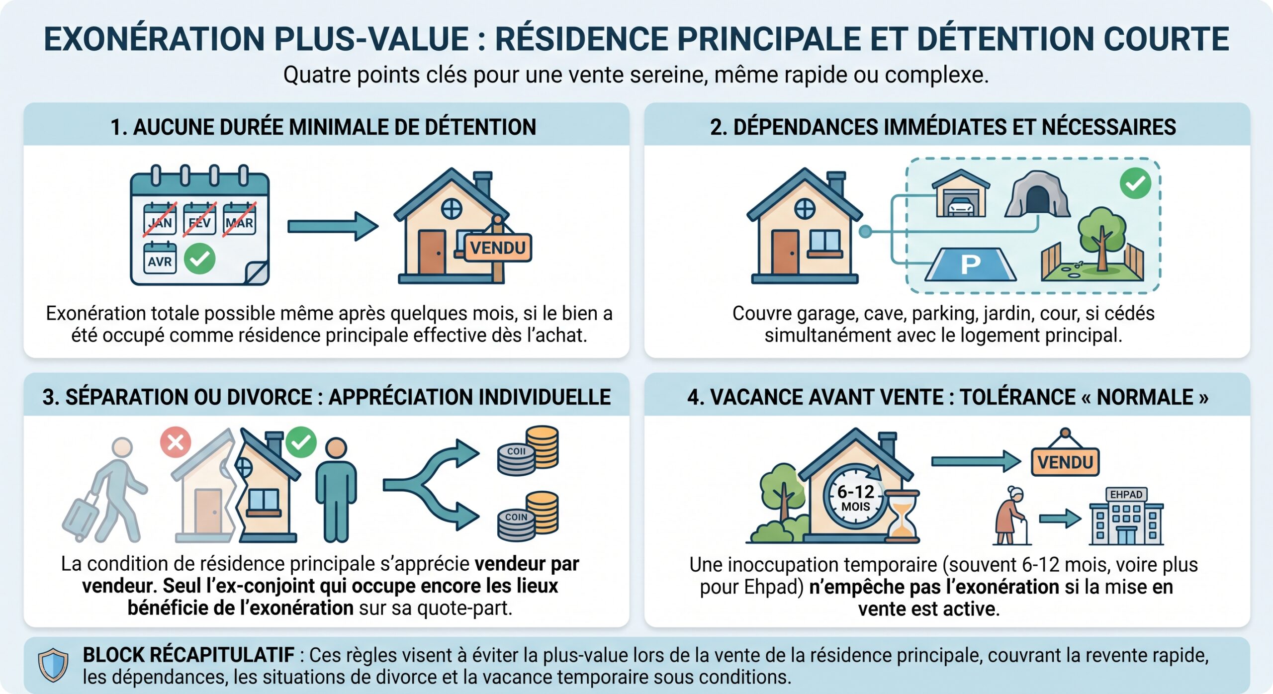 Exonération plus‑value : résidence principale et détention courte