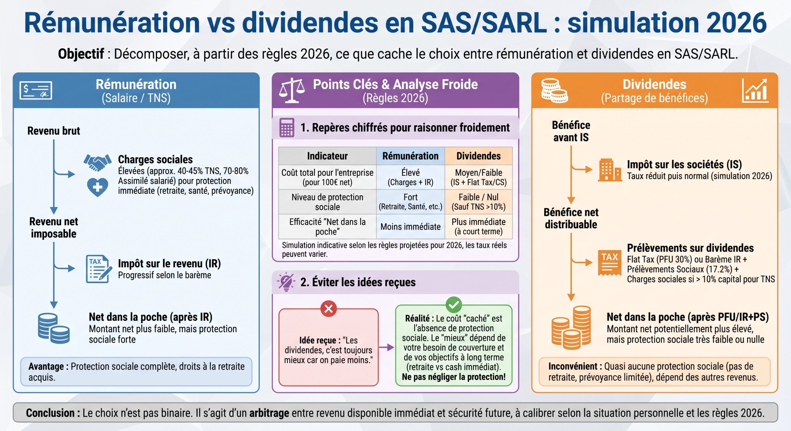 Rémunération vs dividendes en SAS/SARL : simulation 2026
