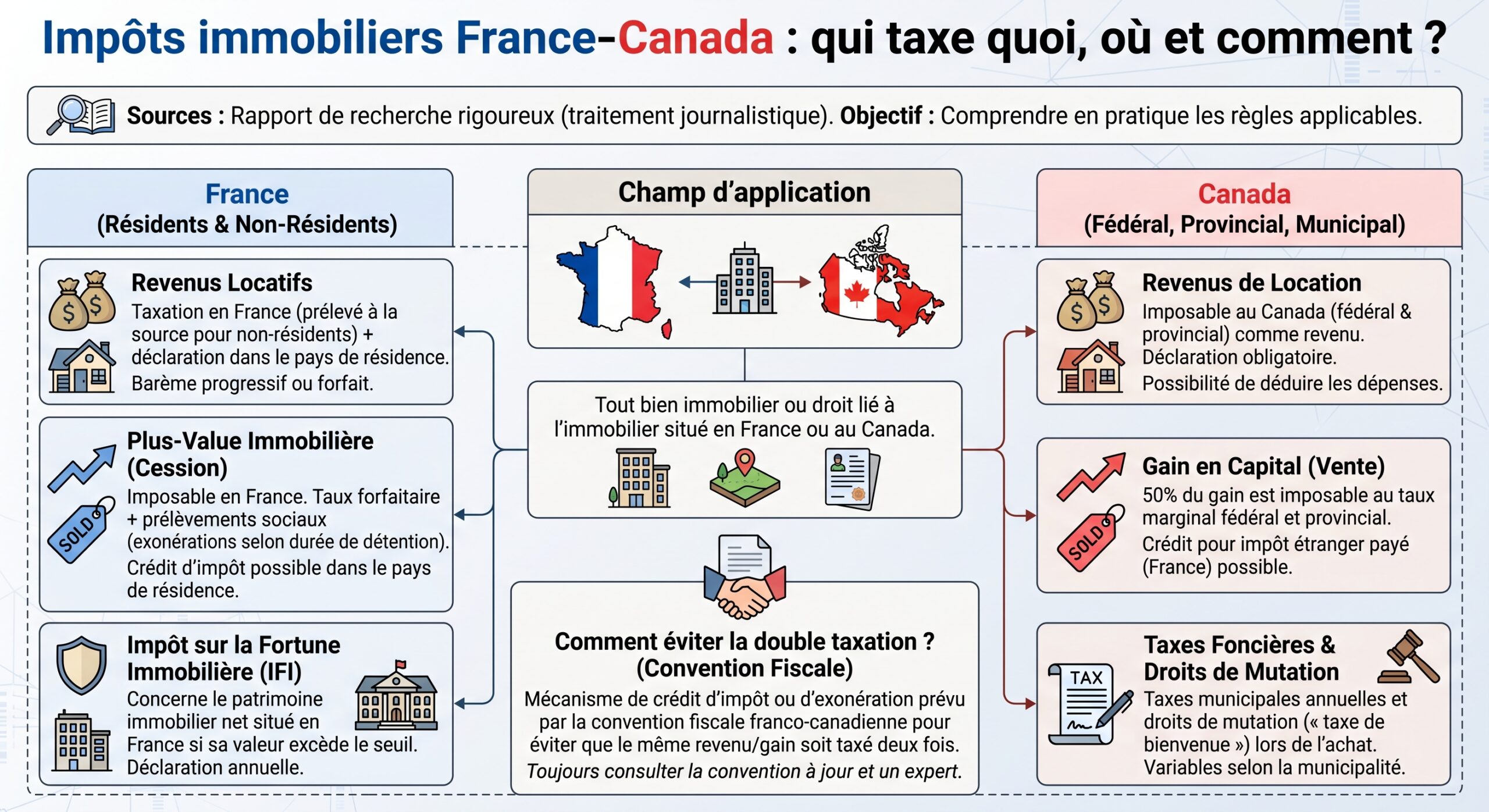 Impôts immobiliers France-Canada : qui taxe quoi, où et comment ?