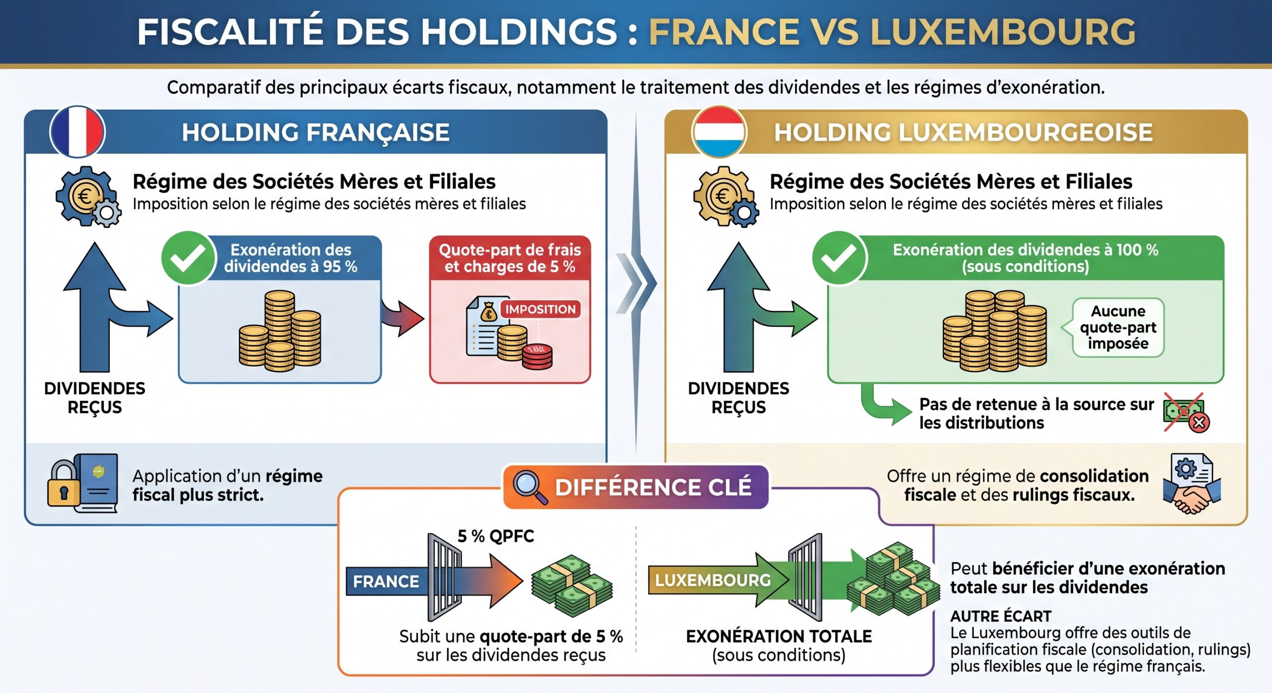 Fiscalité des holdings : France vs Luxembourg