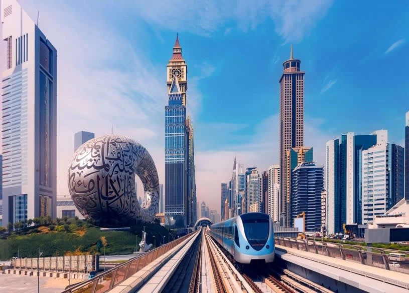 Dubai’s modern skyline featuring the Museum of the Future and a metro train
