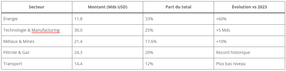 Répartition sectorielle des investissements BRI 2024 :
